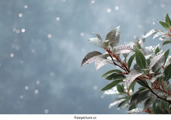 Dewy Leaves Against a Light Blue Background