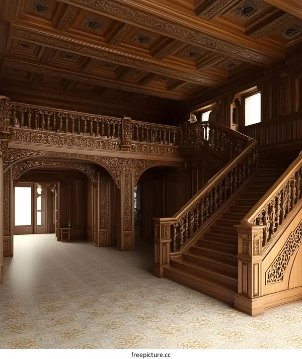 Intricate Wooden Staircase in a Grand Hallway