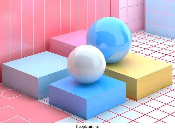 3d rendering of blue and white spheres on podiums in pink and blue pastel colors