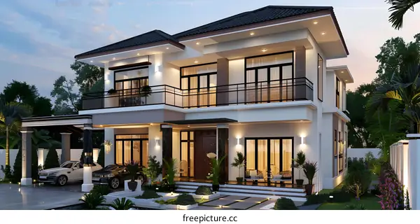 A 3D rendering of a two-story house with a modern design