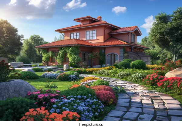 A beautiful house with a red roof and a garden full of flowers