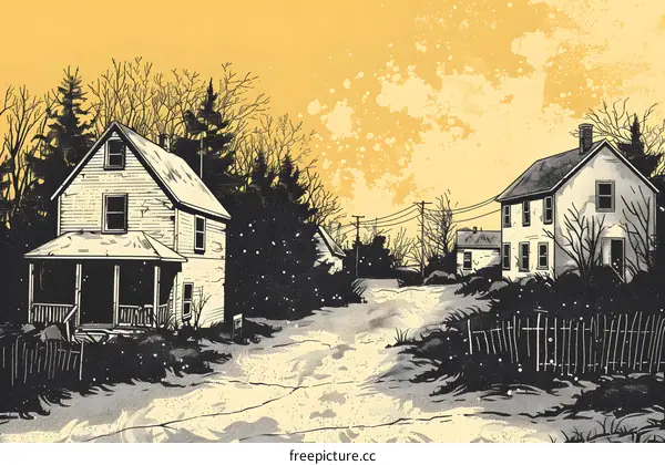 Two houses by the road in the snow