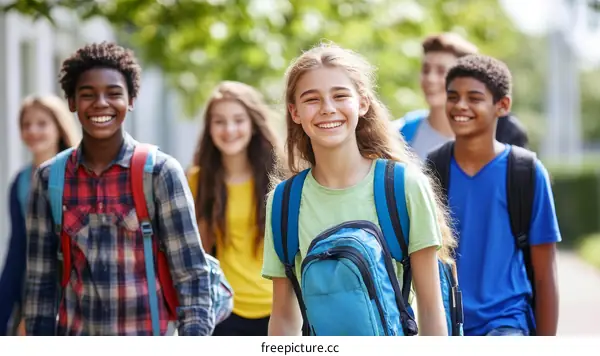 Happy School Children Walking Together