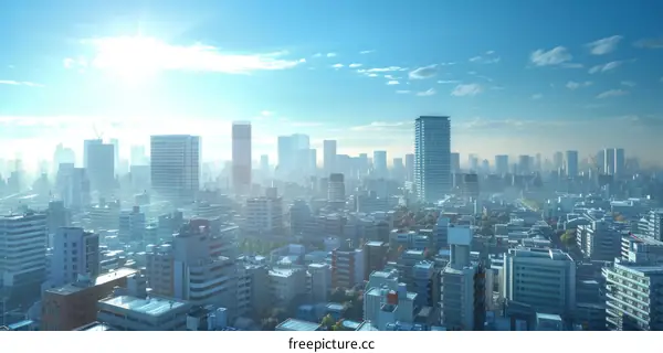 Cityscape of a modern metropolis with skyscrapers and a blue sky