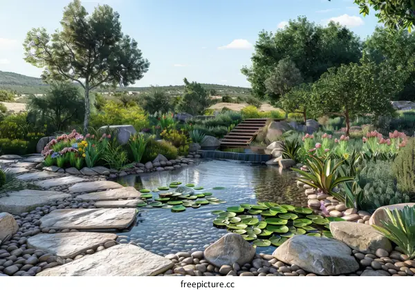 landscaping and stone features in a garden with a pond