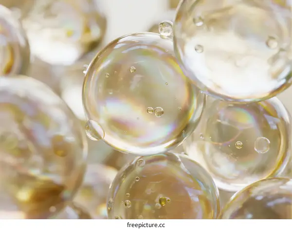 Transparent soap bubbles with iridescent colors and small air pockets