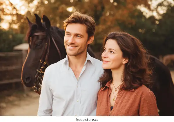 A man and a woman standing together with a horse in the background