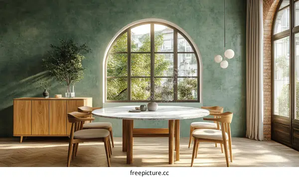 Modern Dining Room with Large Arch Window