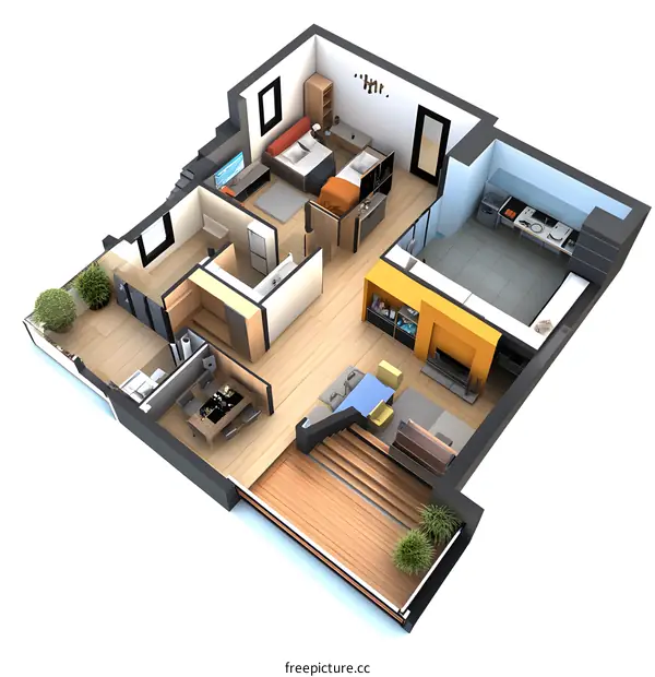 Modern House Plan Top View 3D Illustration