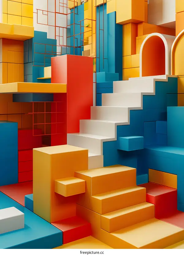 Colorful 3D geometric shapes form an abstract cityscape