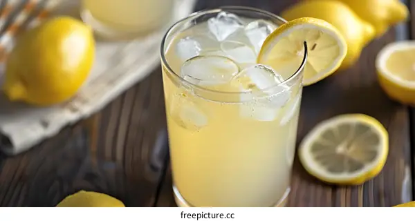Glass of Lemonade with Lemon Slices and Ice Cubes