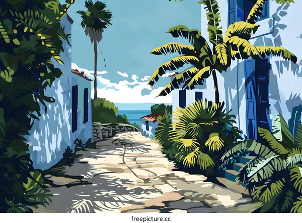 Tropical Island Town Street With Palm Trees And White Houses