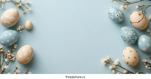 Easter Eggs Decorated with Floral Patterns on a Light Blue Background