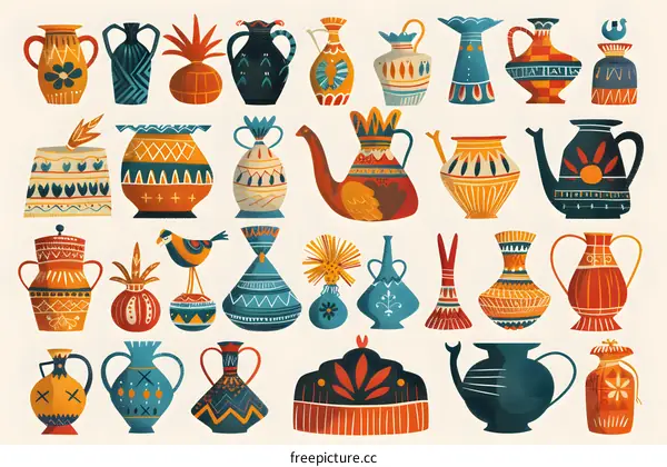 Set of 29 Cartoon Hand Drawn Vases with Geometric Patterns