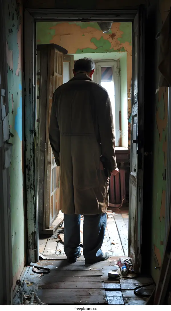 Man Standing in the Doorway of a Derelict Room