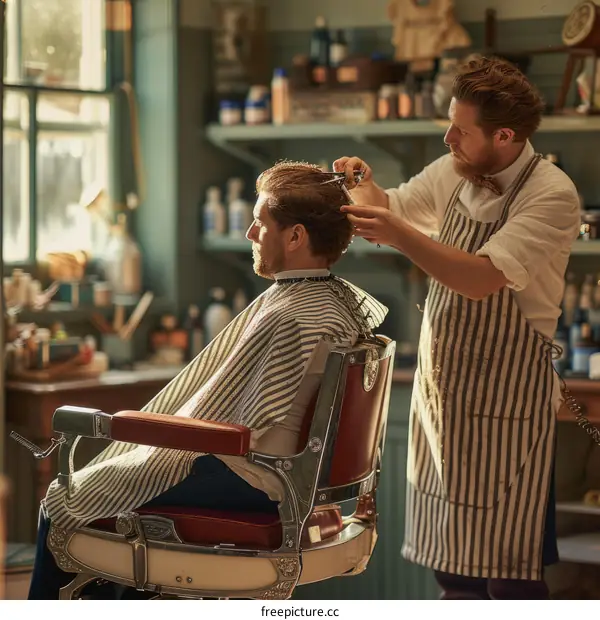Barber giving a man a haircut in an old-fashioned barber shop