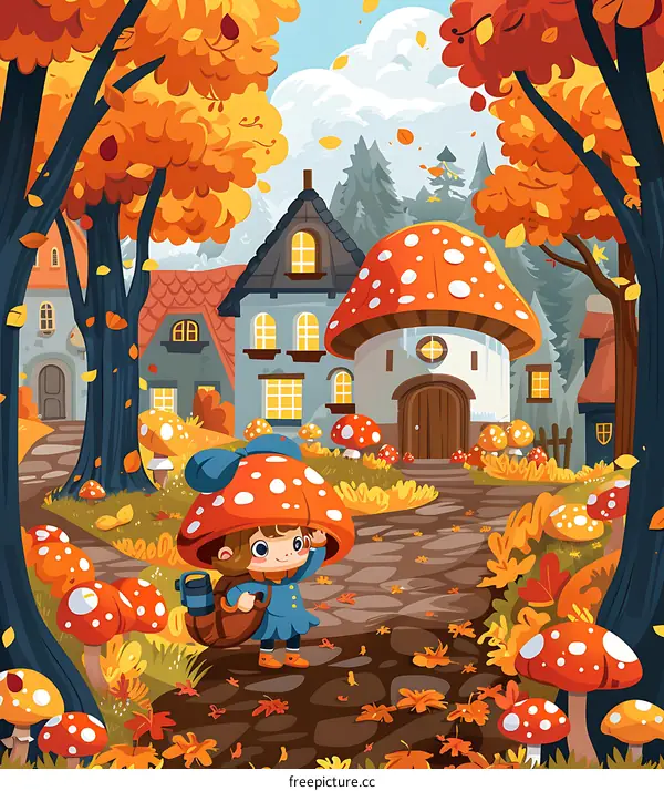 Autumn Village Girl in Mushroom Hat