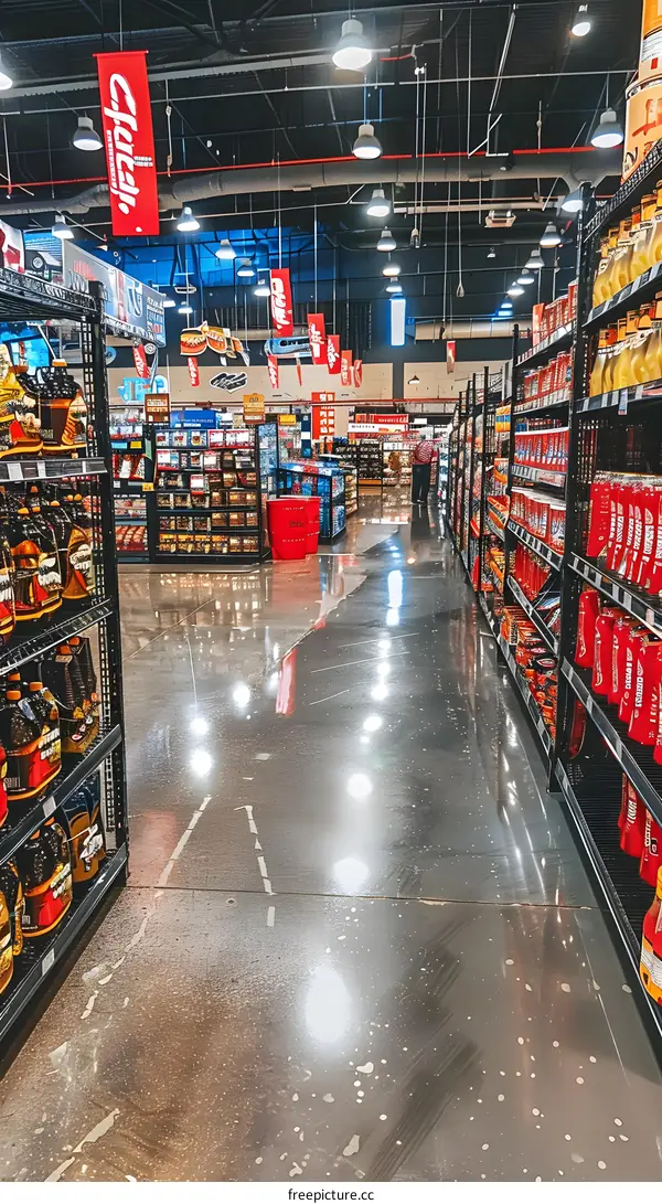 Store Aisle with Shelves of Products and Person Walking in the Background