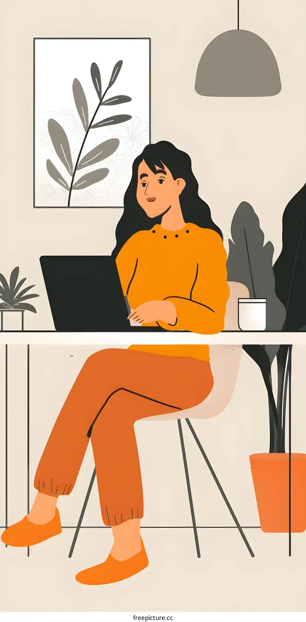 Woman Working on Laptop in Home Office Illustration
