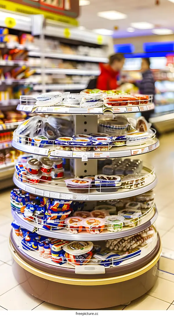 Assortment of Canned Goods on Rotating Shelf Display in Supermarket