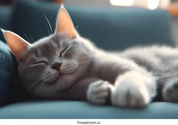 Sleeping Grey Cat on a Blue Couch