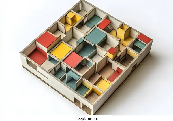 Wooden Model of a House with Different Colored Rooms