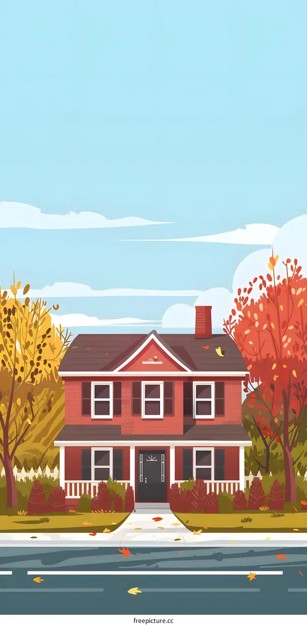 Autumn House with Red Roof and Green Trees