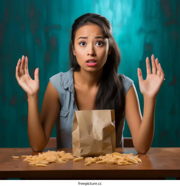 A young woman looks at the camera in surprise, her hands raised in the air. The table in front of her is covered in spilled food.