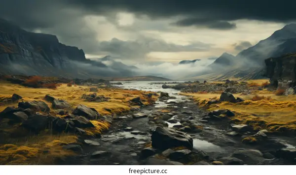A river flowing through a valley in the mountains