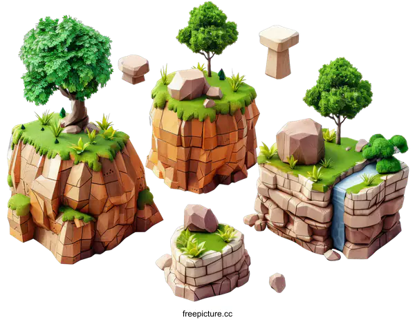 [Transparent Background PNG]A set of 3D rendered rock formations with trees and grass