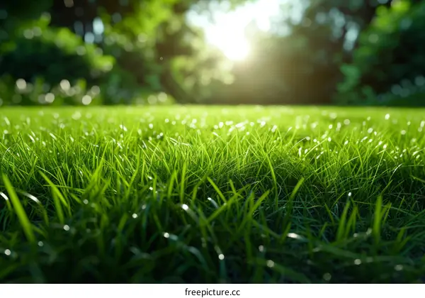 Close-up of green grass field with blurred trees and sunlight in the background