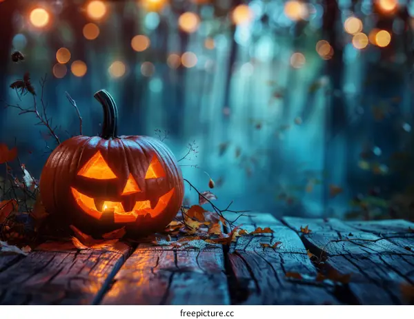 Halloween Pumpkin Glowing in Forest at Night