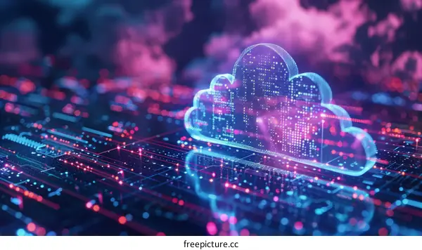 A glowing purple and blue cloud floats above a circuit board.