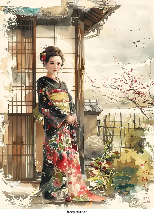 A beautiful Japanese woman in a kimono standing in a traditional Japanese house.