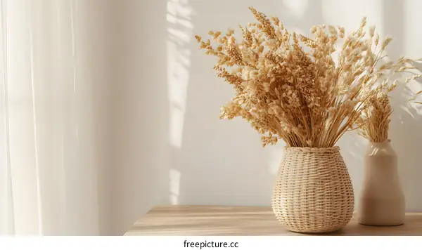 Dried Flowers in Wicker Vase and Ceramic Vase on Wooden Table