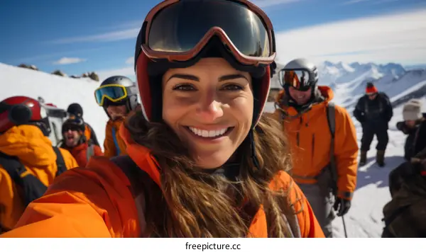 Group of friends posing for a photo on a snowy mountain