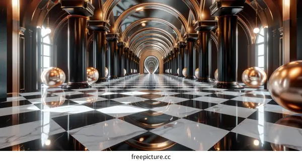Grand Architectural Hallway with Golden Orbs