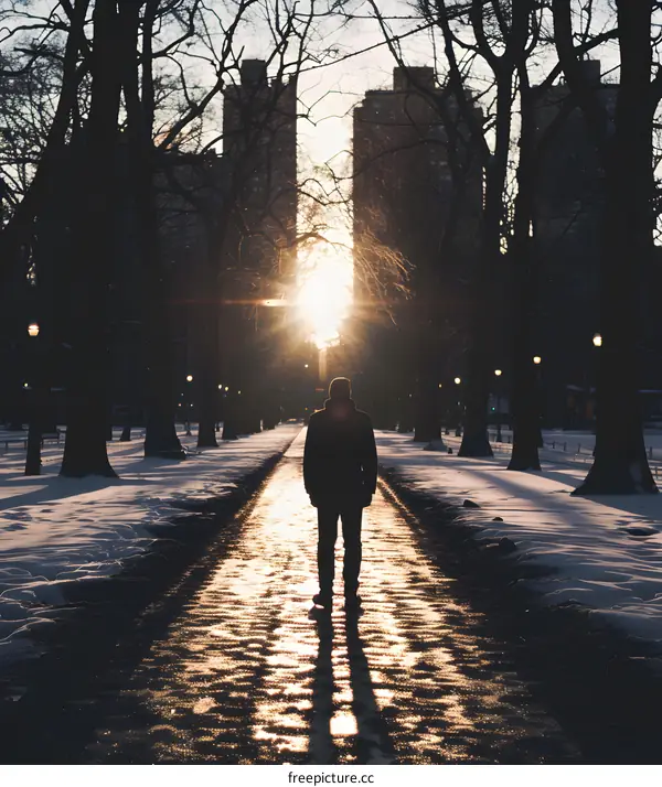 Man Walking Towards The Sun In A Snowy Park