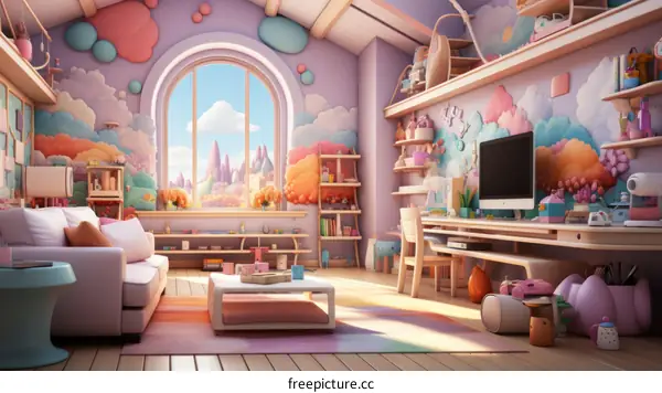 A cozy and colorful living room with a large window and a pink sofa