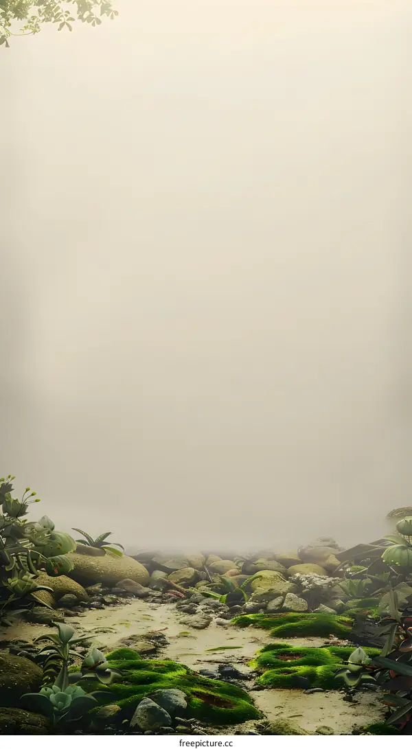 Foggy Forest Path With Moss and Rocks