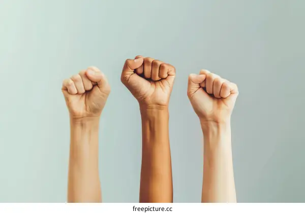 Three people of different skin tones raise their fists in a show of solidarity