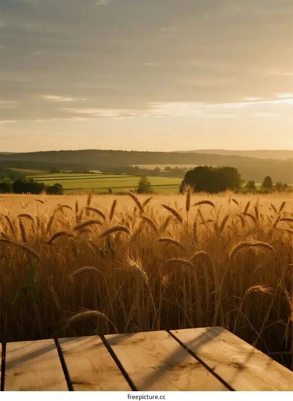 Golden Wheat Field Under Warm Sunset Light With Wooden Platform