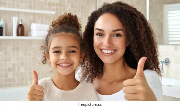 Happy Mother and Daughter Showing Thumbs Up in Bathroom