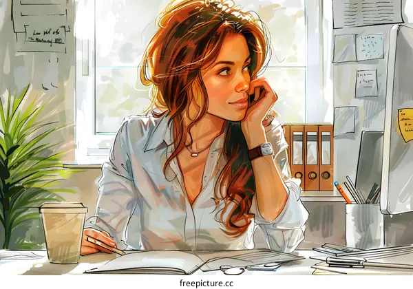 pensive woman at work staring out the window