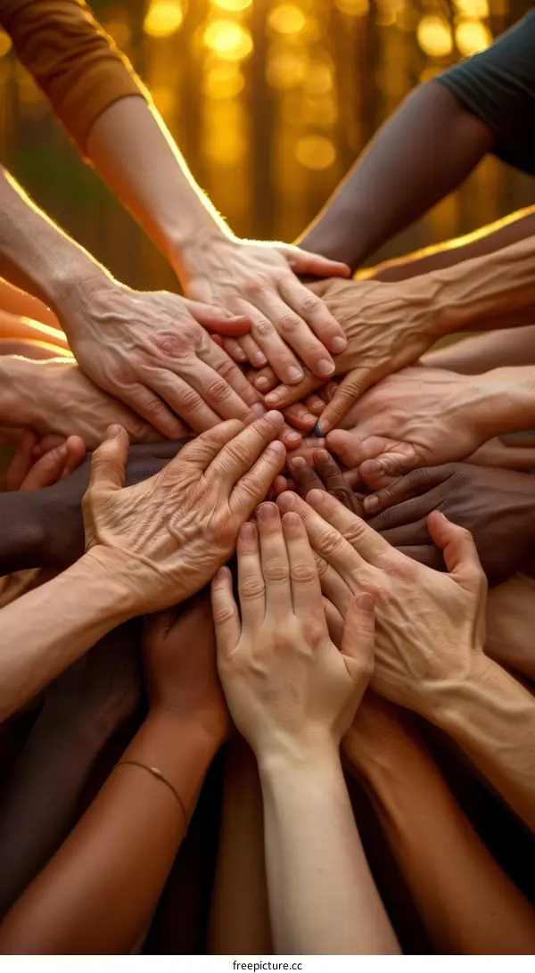 A group of diverse people holding hands in unity with a warm glowing background