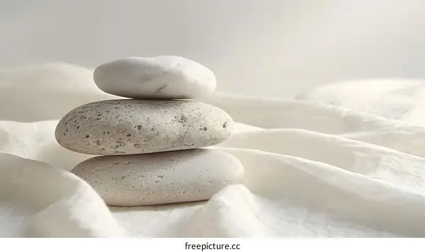 three smooth white stones stacked on a white cloth