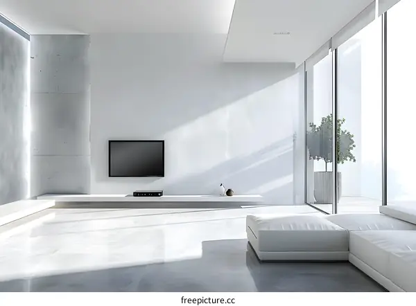Minimalist Living Room with Large Windows and White Sofa
