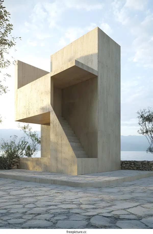 Minimalist Concrete House with Stairs and Overhang