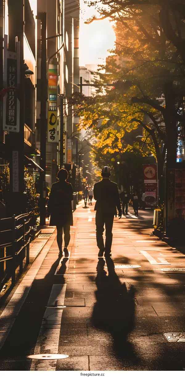 Silhouettes of Two People Walking on a Sidewalk in Japan