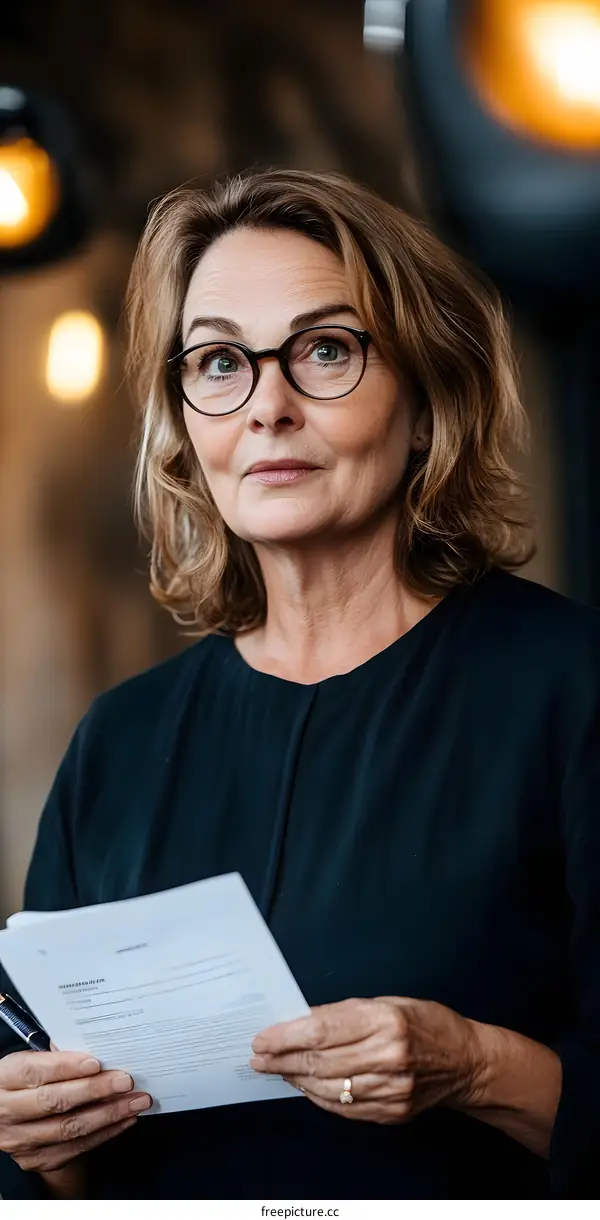 Portrait of a Middle Aged Woman with Glasses Holding a Paper